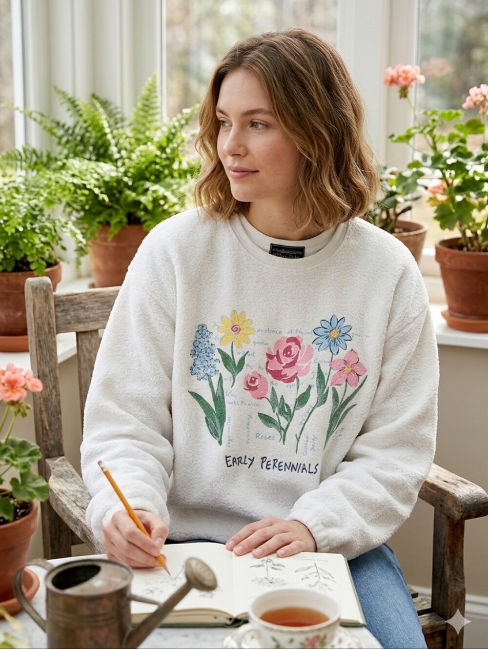 Willow Ridge White Floral 'Early Perennials' Crewneck Sweatshirt